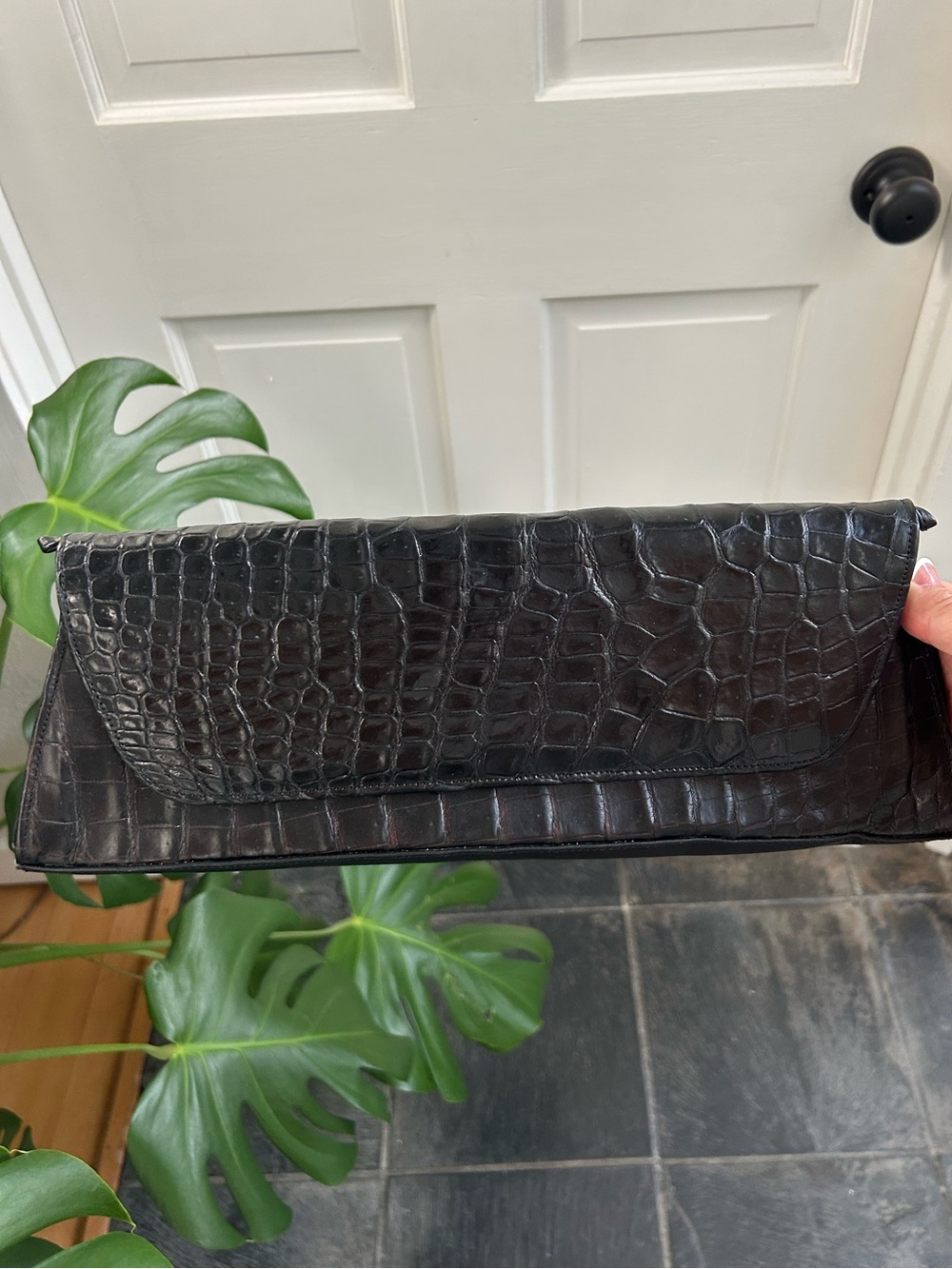 Alexis David Black Croc-Embossed Leather Foldover Clutch